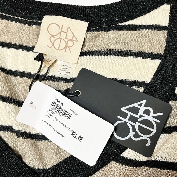 Chaser NWT Lurex Stripe Sweater Medium black gold metallic V neck lightweight - Picture 8 of 11